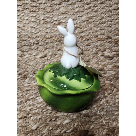 Ceramic Easter Bunny rabbit On Cabbage Bowl Candy Serving Trinket - Picture 3 of 5
